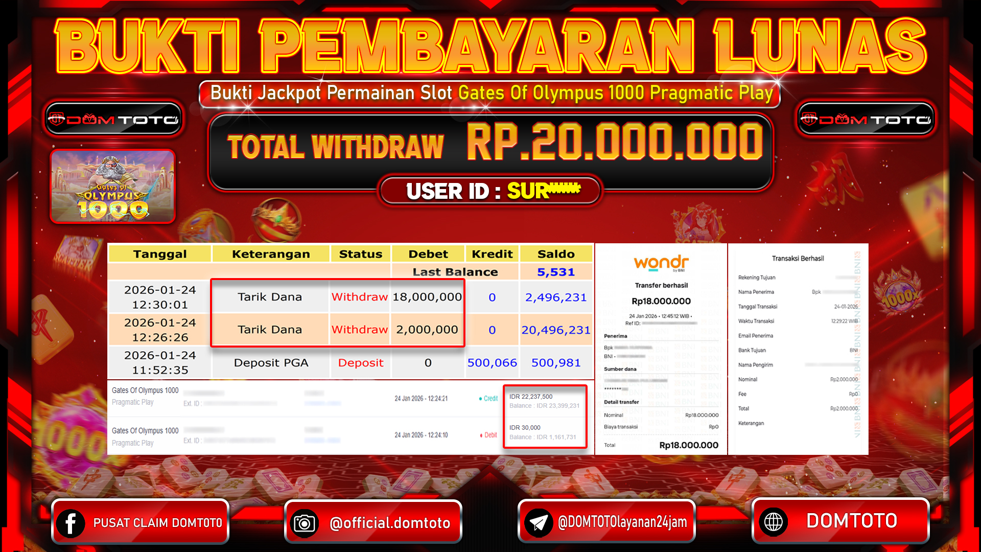 JACKPOT SLOT Gates Of Olympus 1000 Pragmatic Play 24 JANUARI 2026